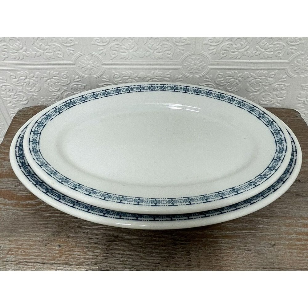 Albert Pick & Company, 2 Oval Plates, Vitrified China - White & Blue